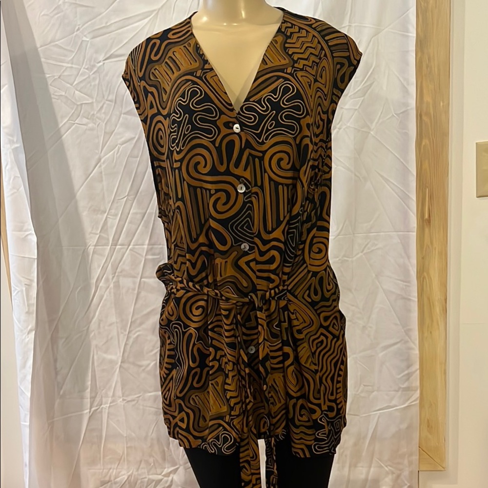 Gold and Brown Graphic Tie Front Blouse